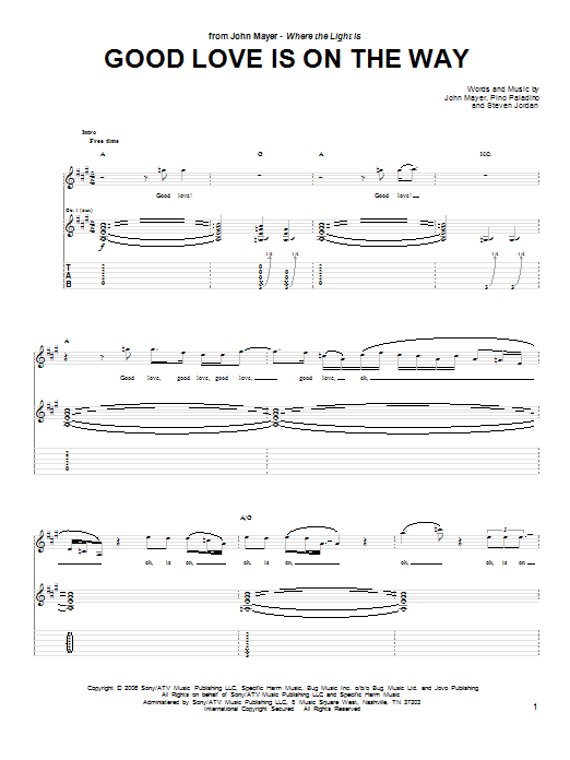 John Mayer Good Love Is On The Way sheet music preview music notes and score for Guitar Tab including 10 page(s)