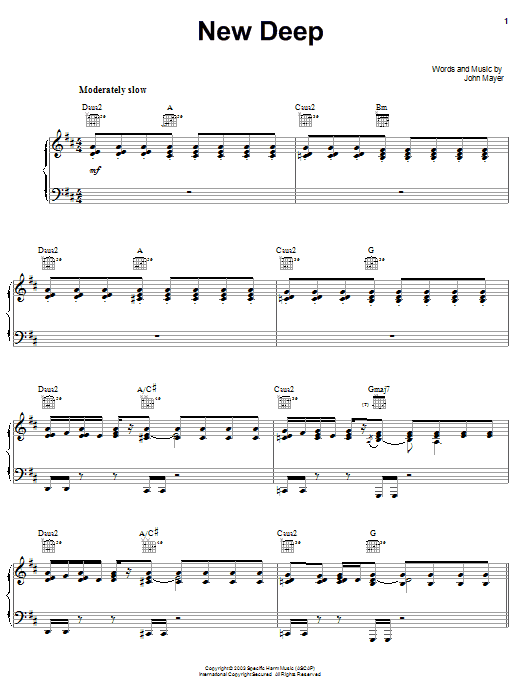 Learn to play John Mayer New Deep sheet music for Piano, Vocal & Guitar (Right-Hand Melody) in minutes. John Mayer New Deep sheet music preview music notes and score for Piano, Vocal & Guitar (Right-Hand Melody) including 7 page(s)