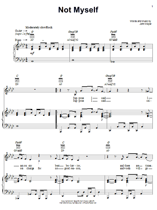 Learn to play John Mayer Not Myself sheet music for Easy Guitar in minutes. John Mayer Not Myself sheet music preview music notes and score for Easy Guitar including 4 page(s)