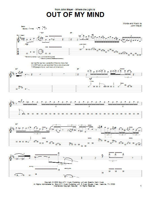 John Mayer Out Of My Mind sheet music preview music notes and score for Guitar Tab including 17 page(s)