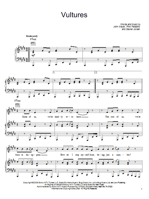 John Mayer Vultures sheet music preview music notes and score for Easy Guitar including 3 page(s)