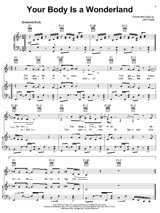 Learn to play John Mayer Your Body Is A Wonderland sheet music for Piano, Vocal & Guitar (Right-Hand Melody) in minutes. John Mayer Your Body Is A Wonderland sheet music notes and chords