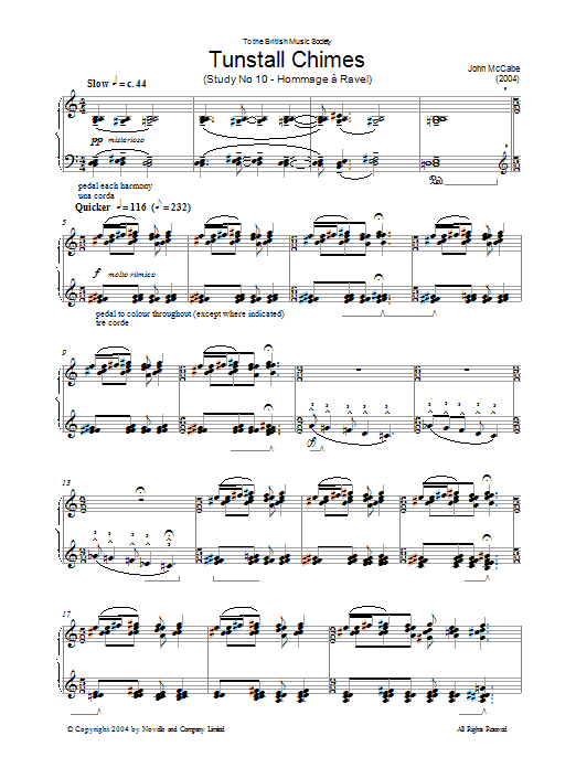 Learn to play John McCabe Tunstall Chimes, Study No. 10 - Hommage A Ravel sheet music for Piano in minutes. John McCabe Tunstall Chimes, Study No. 10 - Hommage A Ravel sheet music preview music notes and score for Piano including 11 page(s)