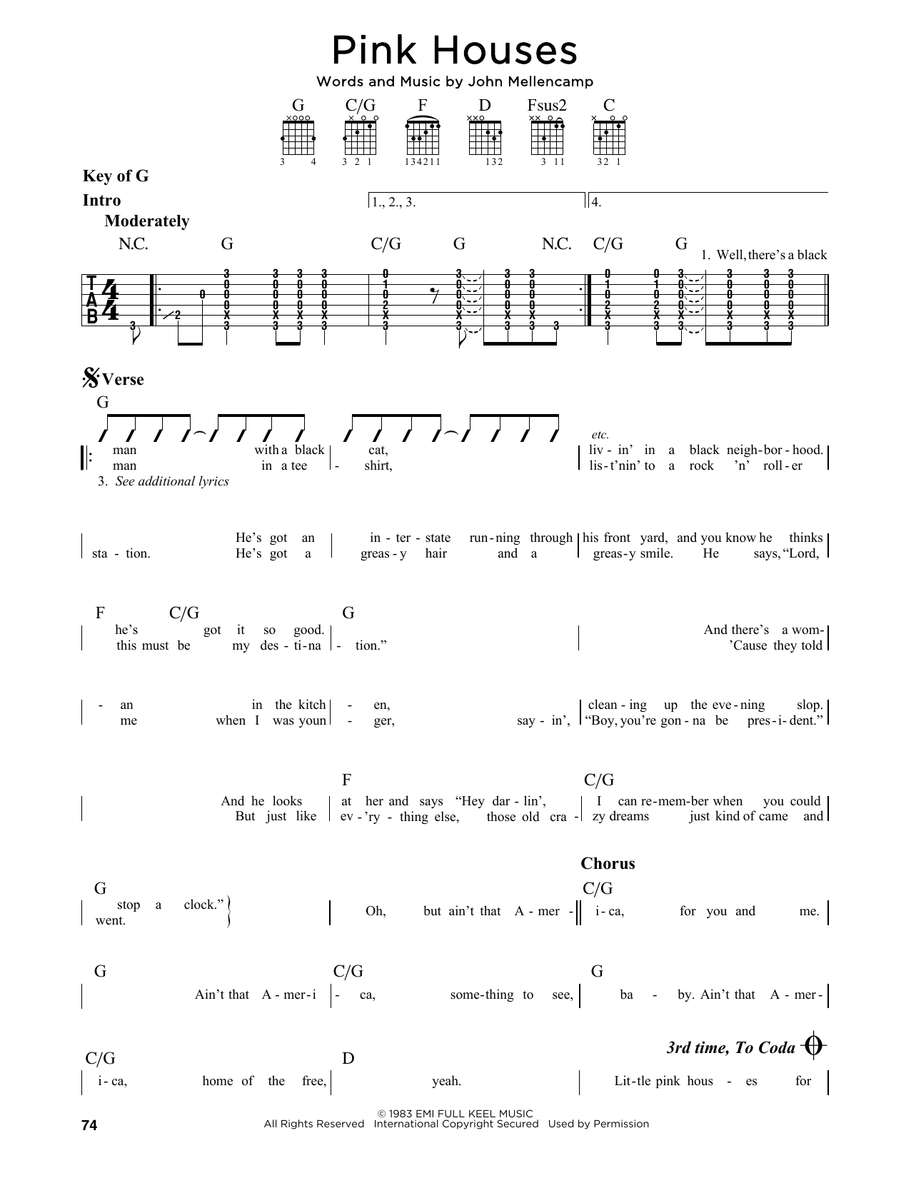 Learn to play John Mellencamp Pink Houses sheet music for Guitar Tab in minutes. John Mellencamp Pink Houses sheet music preview music notes and score for Guitar Tab including 8 page(s)