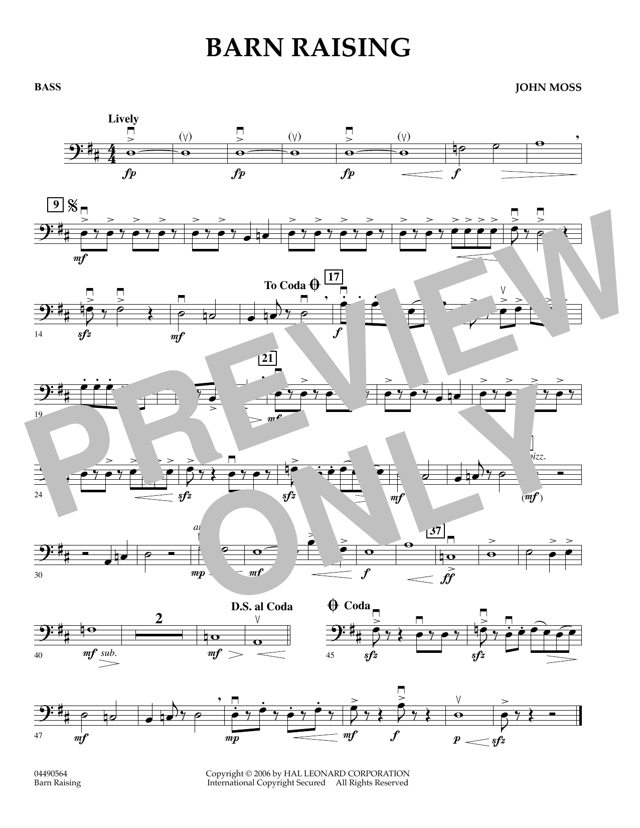 Learn to play John Moss Barn Raising - Bass sheet music for Orchestra in minutes. John Moss Barn Raising - Bass sheet music preview music notes and score for Orchestra including 1 page(s)