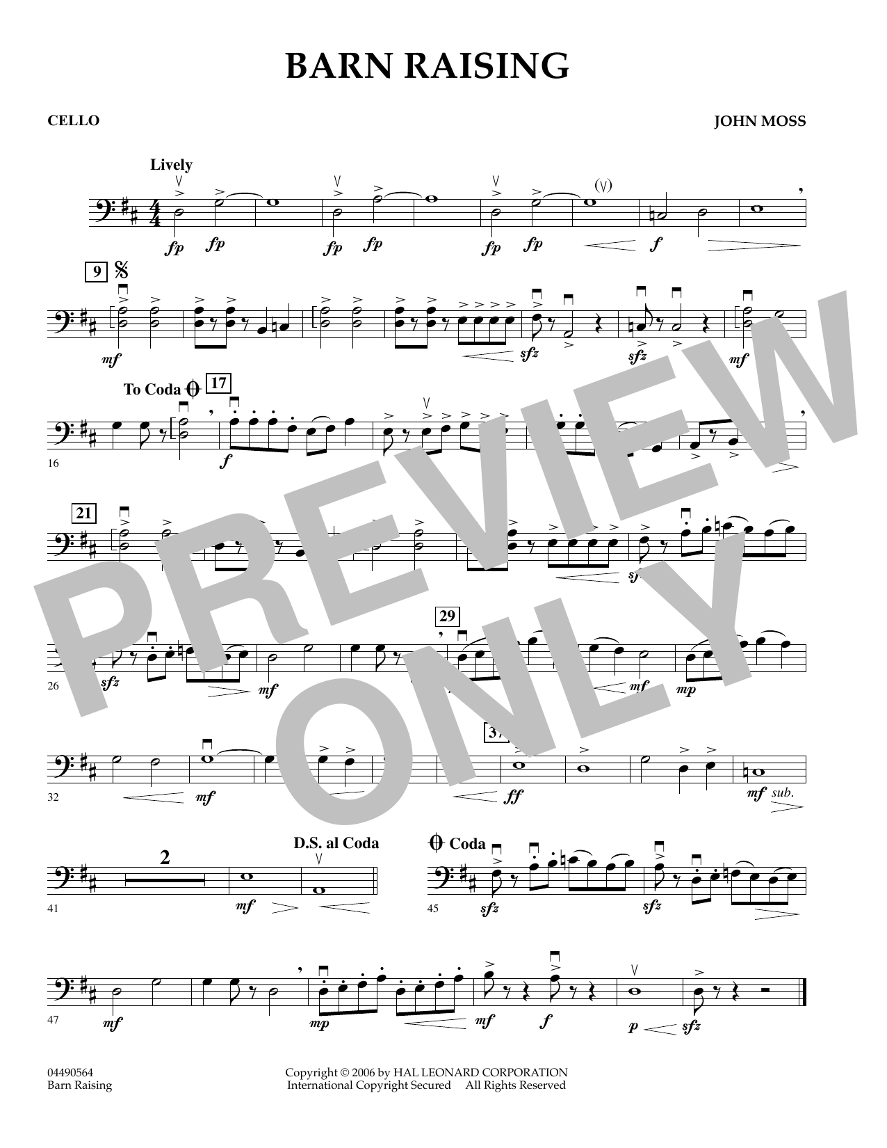 Learn to play John Moss Barn Raising - Cello sheet music for Orchestra in minutes. John Moss Barn Raising - Cello sheet music preview music notes and score for Orchestra including 1 page(s)