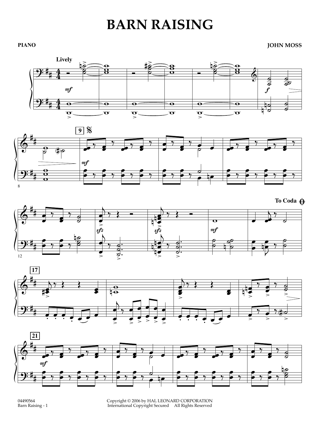 Learn to play John Moss Barn Raising - Percussion 1 sheet music for Orchestra in minutes. John Moss Barn Raising - Percussion 1 sheet music preview music notes and score for Orchestra including 2 page(s)