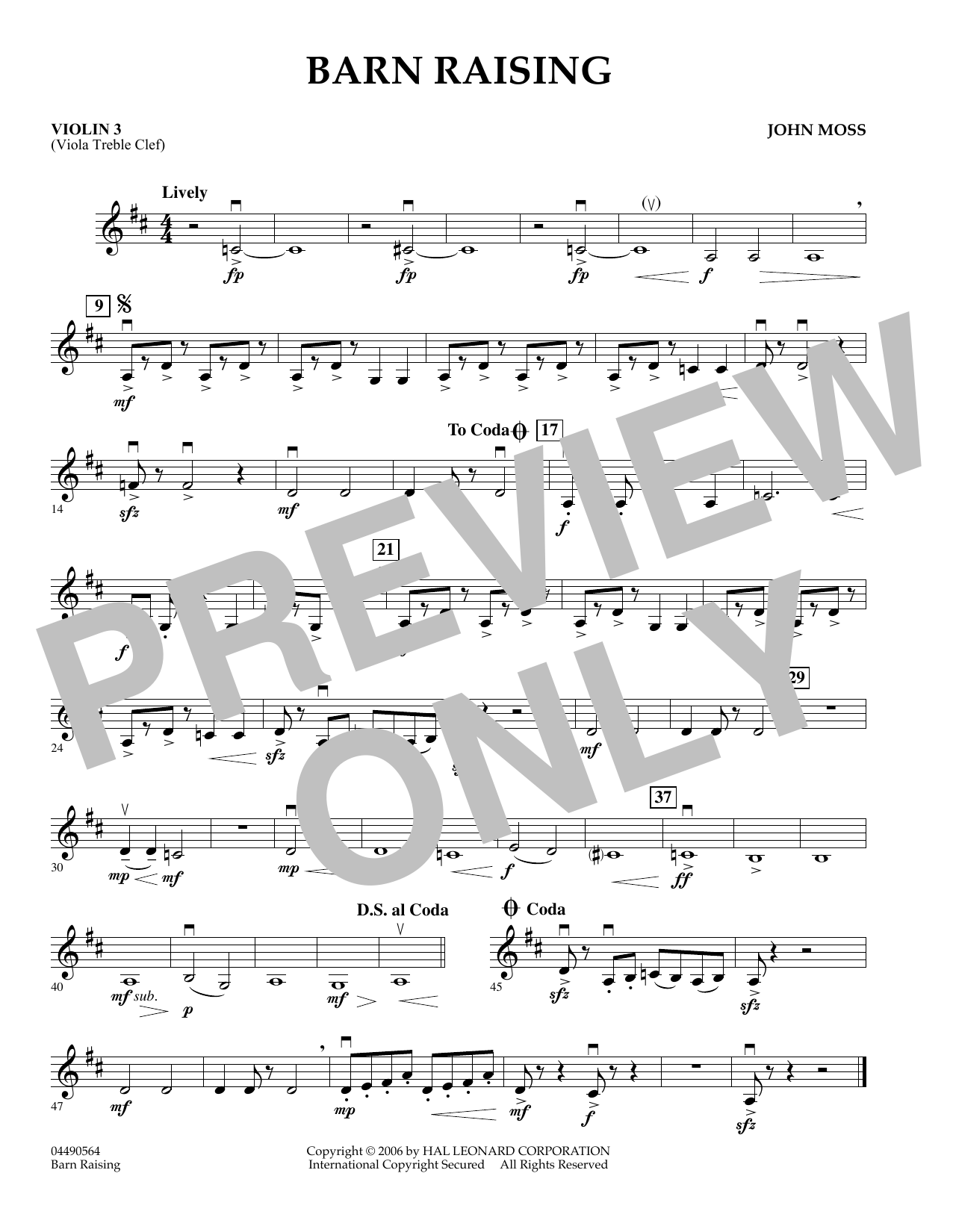 Learn to play John Moss Barn Raising - Violin 3 (Viola T.C.) sheet music for Orchestra in minutes. John Moss Barn Raising - Violin 3 (Viola T.C.) sheet music preview music notes and score for Orchestra including 1 page(s)
