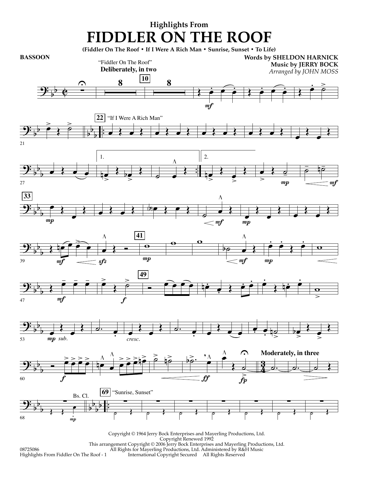 Learn to play John Moss Highlights From Fiddler On The Roof - Bassoon sheet music for Concert Band in minutes. John Moss Highlights From Fiddler On The Roof - Bassoon sheet music preview music notes and score for Concert Band including 2 page(s)
