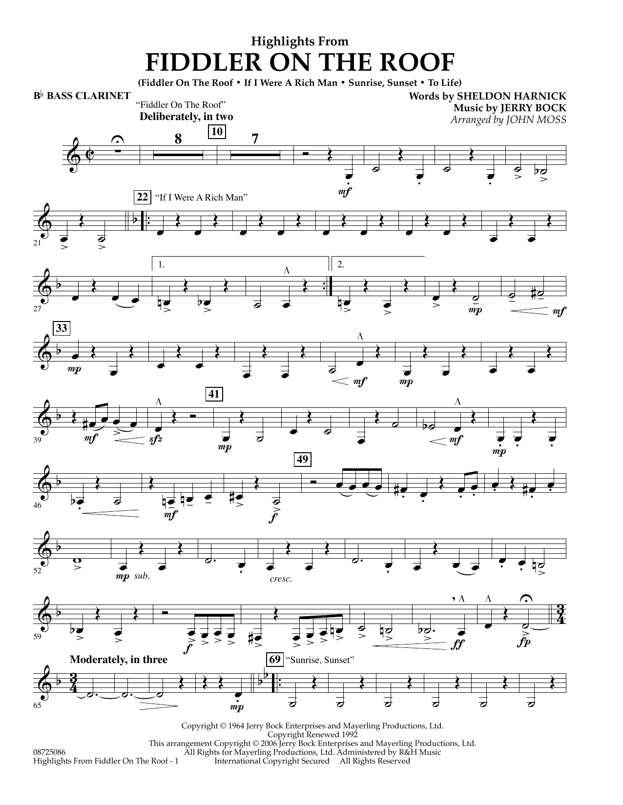 Learn to play John Moss Highlights From Fiddler On The Roof - Bb Bass Clarinet sheet music for Concert Band in minutes. John Moss Highlights From Fiddler On The Roof - Bb Bass Clarinet sheet music preview music notes and score for Concert Band including 2 page(s)