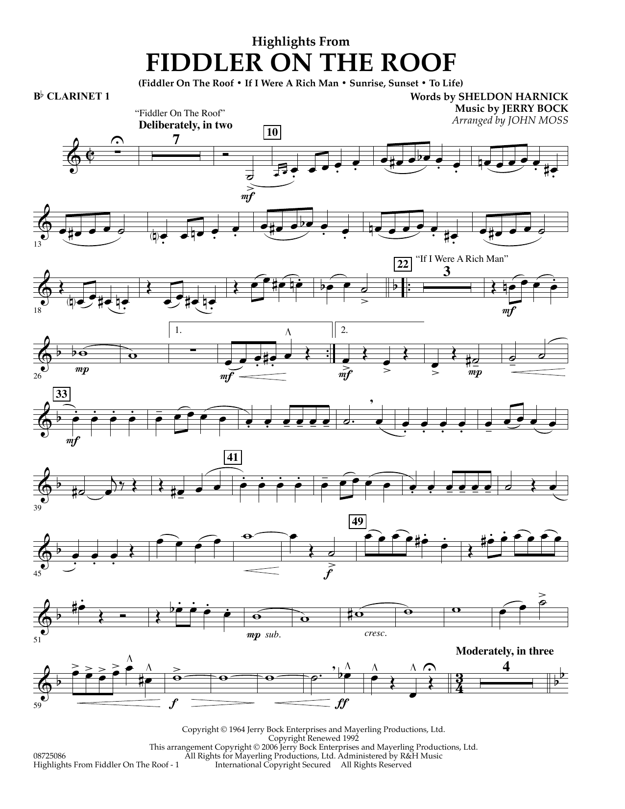 Learn to play John Moss Highlights From Fiddler On The Roof - Bb Clarinet 1 sheet music for Concert Band in minutes. John Moss Highlights From Fiddler On The Roof - Bb Clarinet 1 sheet music preview music notes and score for Concert Band including 2 page(s)
