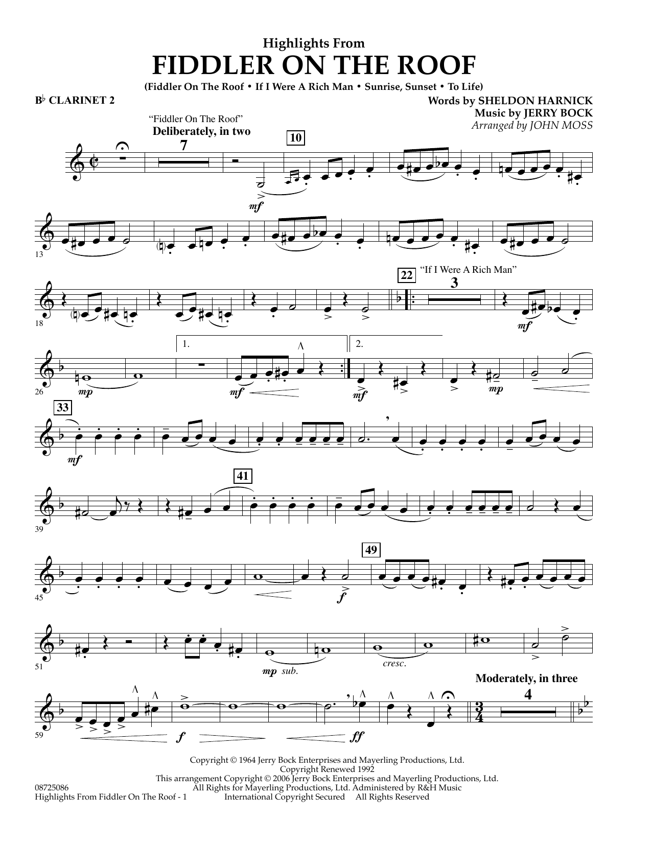 Learn to play John Moss Highlights From Fiddler On The Roof - Bb Clarinet 2 sheet music for Concert Band in minutes. John Moss Highlights From Fiddler On The Roof - Bb Clarinet 2 sheet music preview music notes and score for Concert Band including 2 page(s)