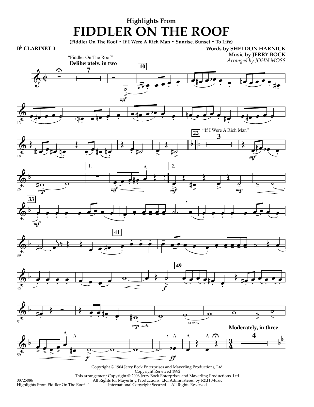 Learn to play John Moss Highlights From Fiddler On The Roof - Bb Clarinet 3 sheet music for Concert Band in minutes. John Moss Highlights From Fiddler On The Roof - Bb Clarinet 3 sheet music preview music notes and score for Concert Band including 2 page(s)