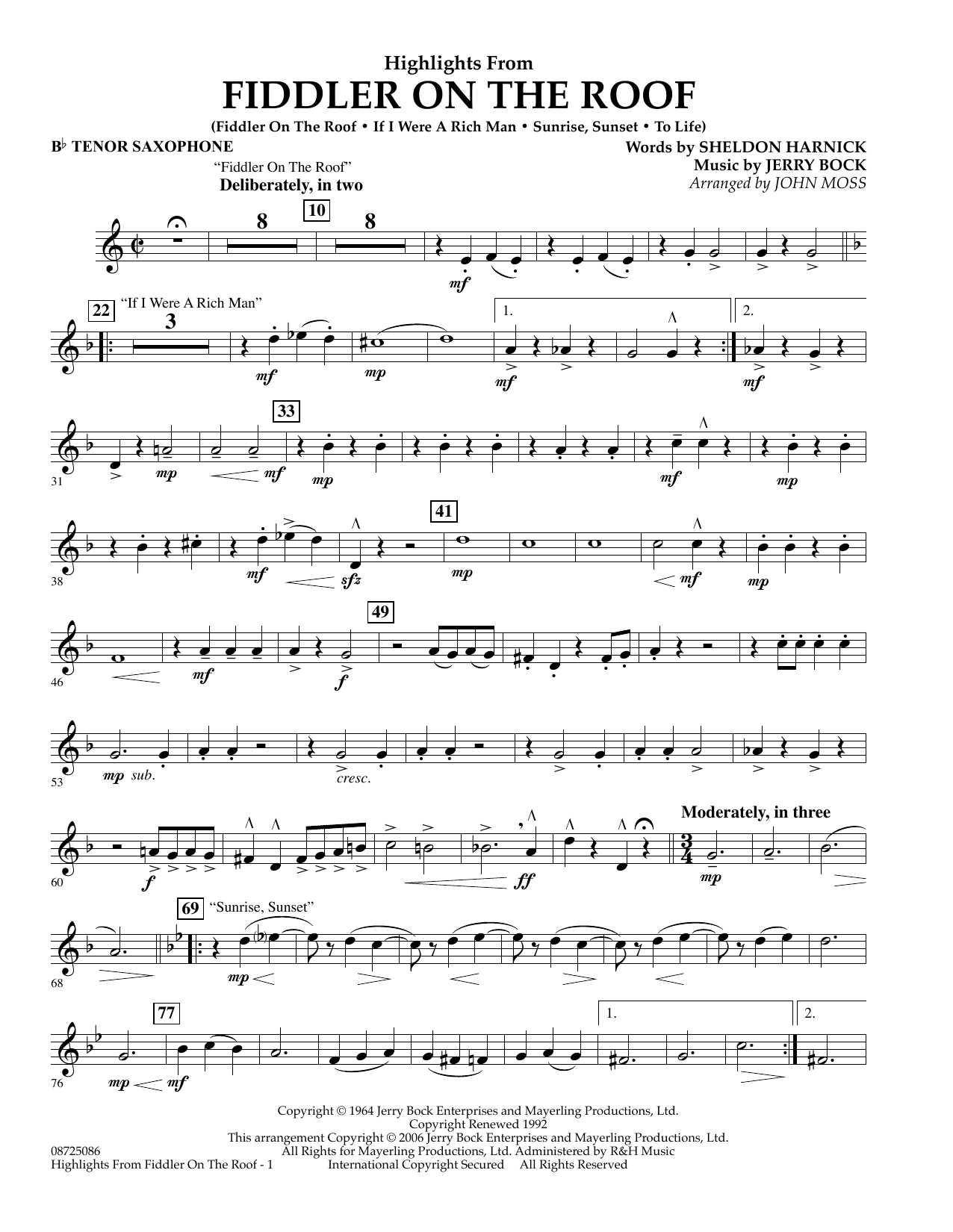 Learn to play John Moss Highlights From Fiddler On The Roof - Bb Tenor Saxophone sheet music for Concert Band in minutes. John Moss Highlights From Fiddler On The Roof - Bb Tenor Saxophone sheet music preview music notes and score for Concert Band including 2 page(s)