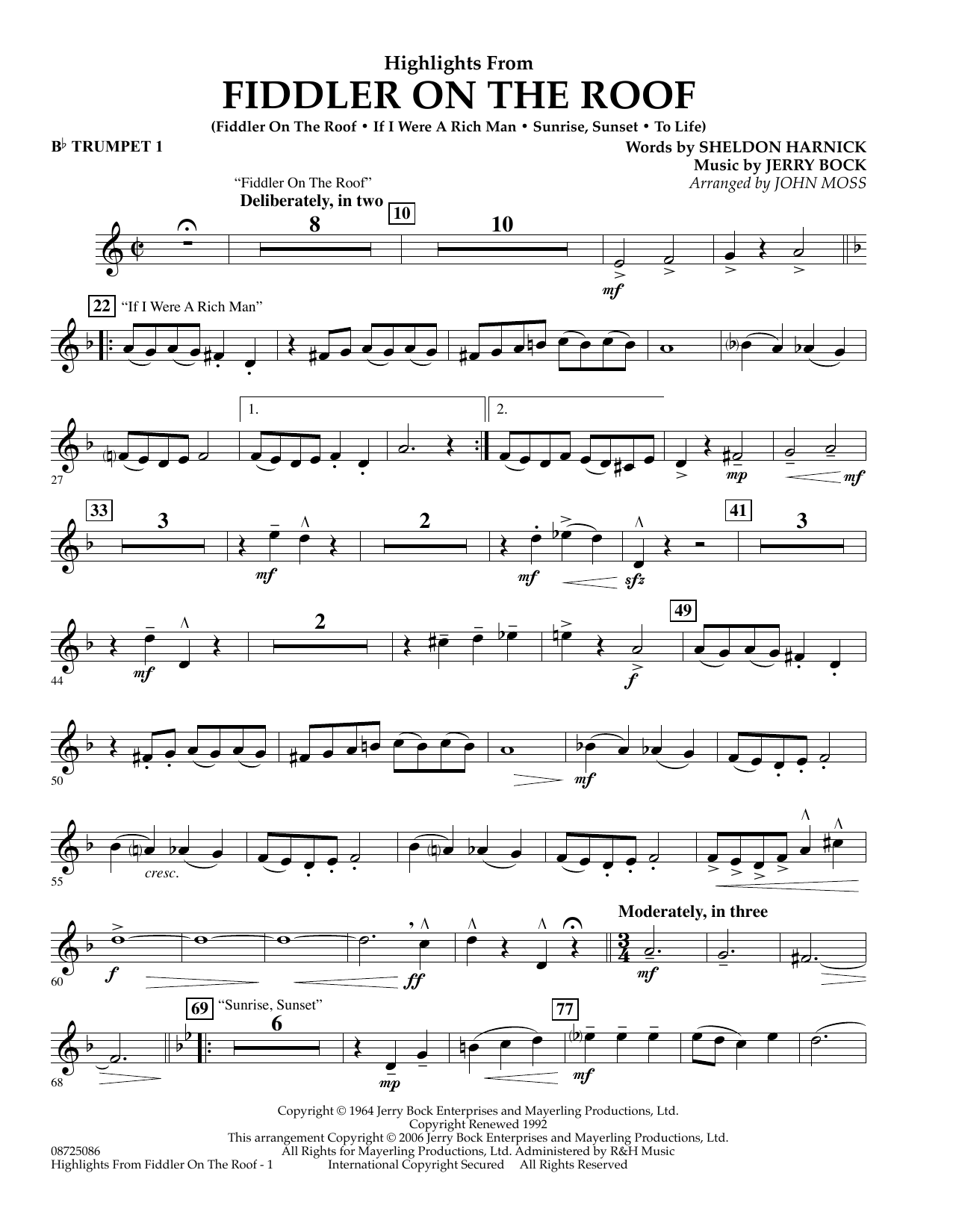 Learn to play John Moss Highlights From Fiddler On The Roof - Bb Trumpet 1 sheet music for Concert Band in minutes. John Moss Highlights From Fiddler On The Roof - Bb Trumpet 1 sheet music preview music notes and score for Concert Band including 2 page(s)