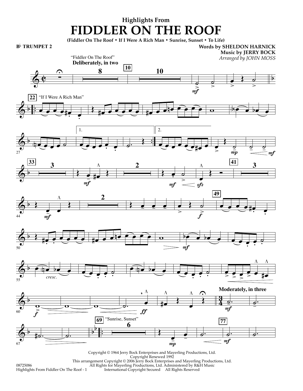 Learn to play John Moss Highlights From Fiddler On The Roof - Bb Trumpet 2 sheet music for Concert Band in minutes. John Moss Highlights From Fiddler On The Roof - Bb Trumpet 2 sheet music preview music notes and score for Concert Band including 2 page(s)