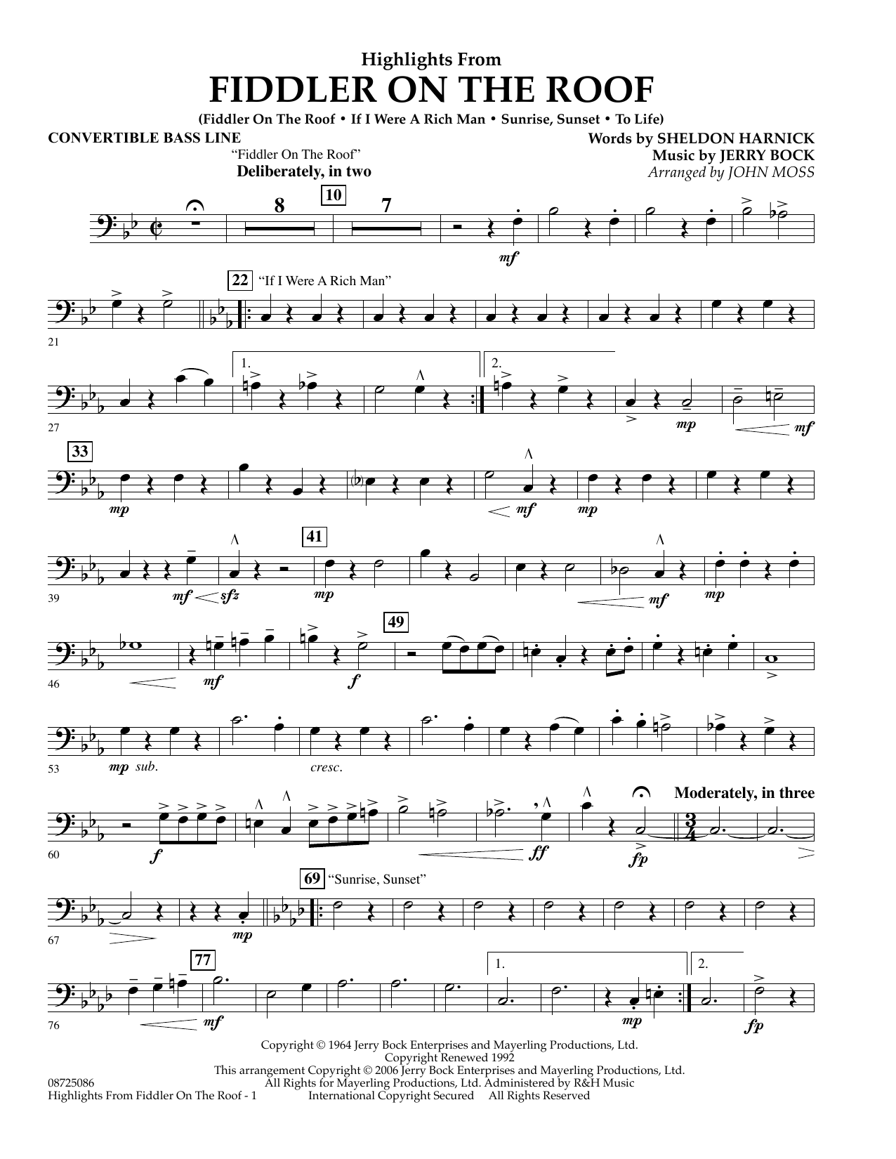 Learn to play John Moss Highlights From Fiddler On The Roof - Convertible Bass Line sheet music for Concert Band in minutes. John Moss Highlights From Fiddler On The Roof - Convertible Bass Line sheet music preview music notes and score for Concert Band including 2 page(s)