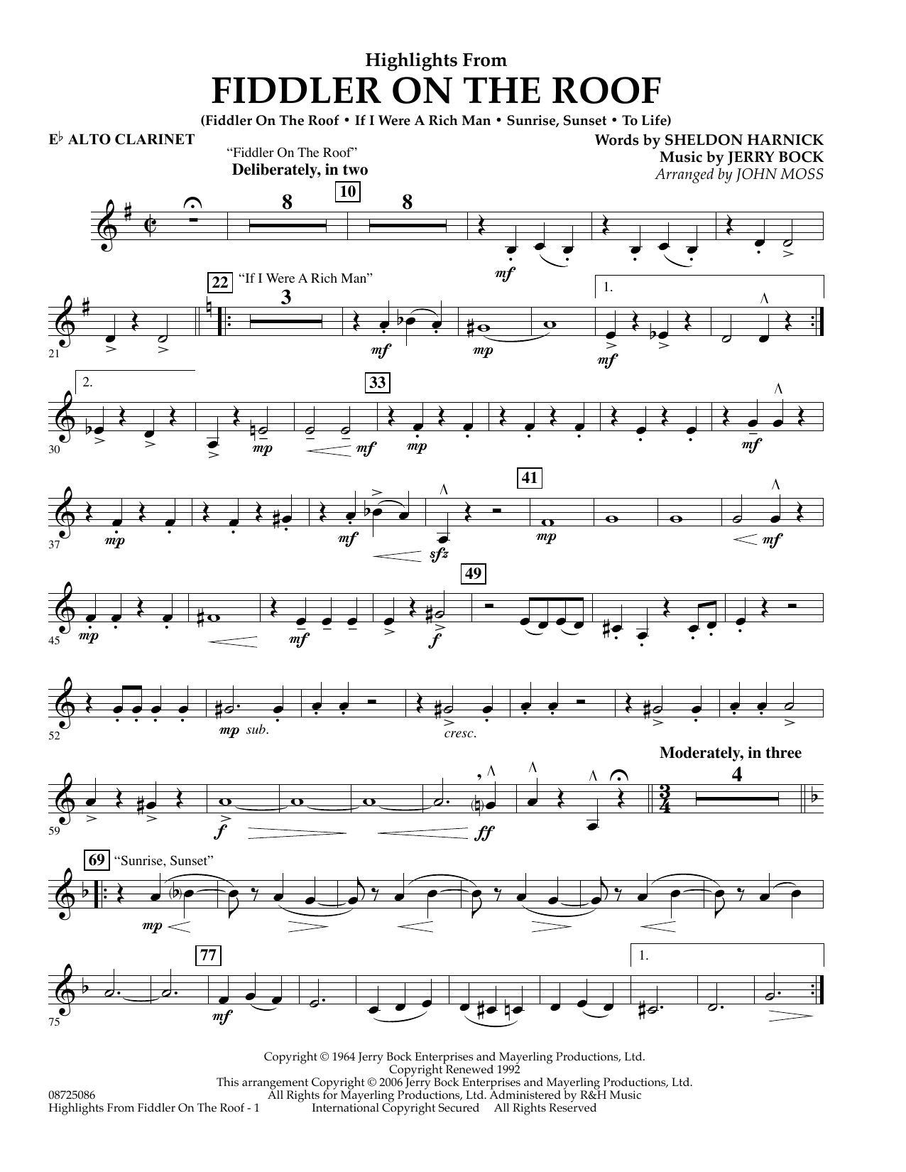 Learn to play John Moss Highlights From Fiddler On The Roof - Eb Alto Clarinet sheet music for Concert Band in minutes. John Moss Highlights From Fiddler On The Roof - Eb Alto Clarinet sheet music preview music notes and score for Concert Band including 2 page(s)