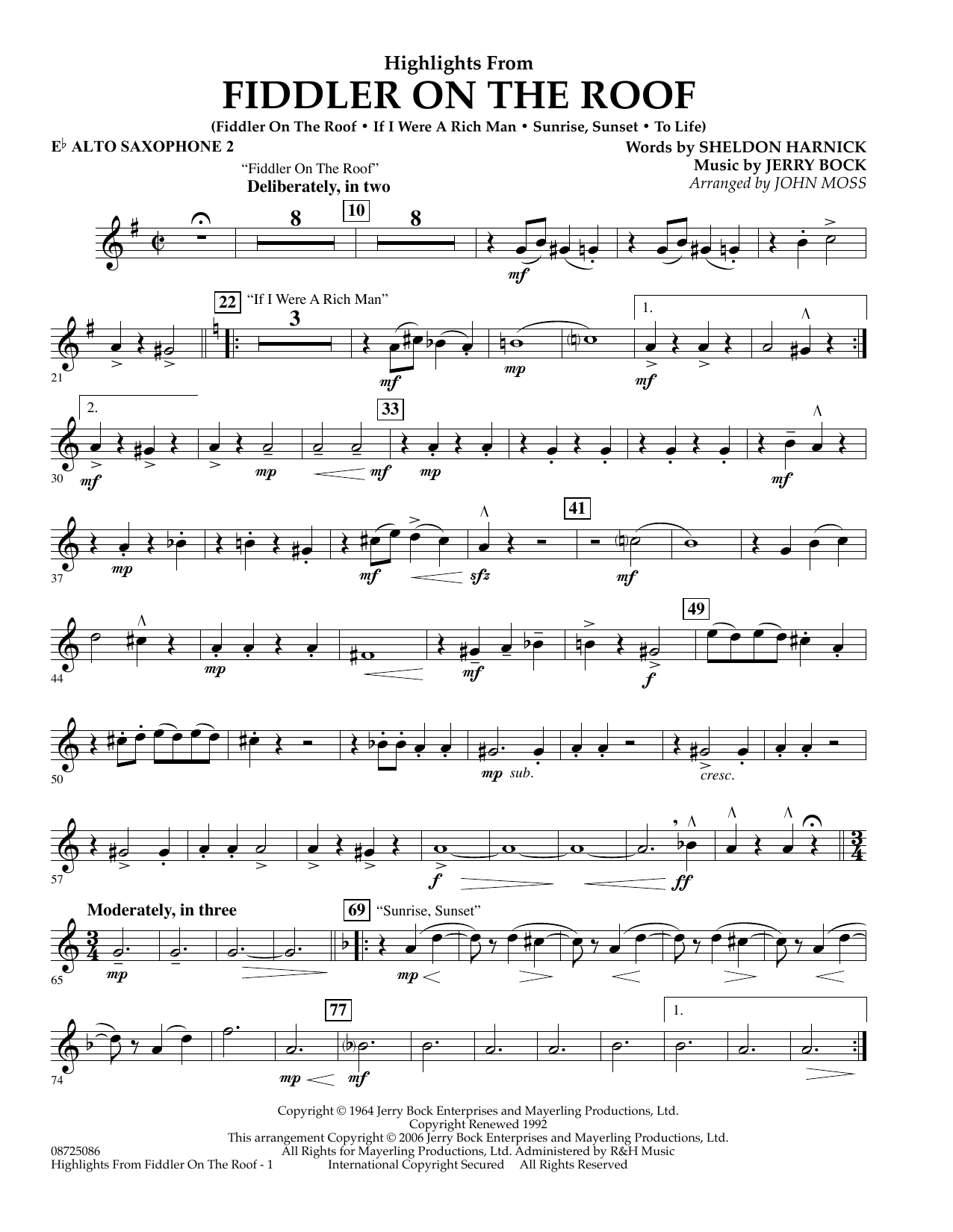 Learn to play John Moss Highlights From Fiddler On The Roof - Eb Alto Saxophone 2 sheet music for Concert Band in minutes. John Moss Highlights From Fiddler On The Roof - Eb Alto Saxophone 2 sheet music preview music notes and score for Concert Band including 2 page(s)