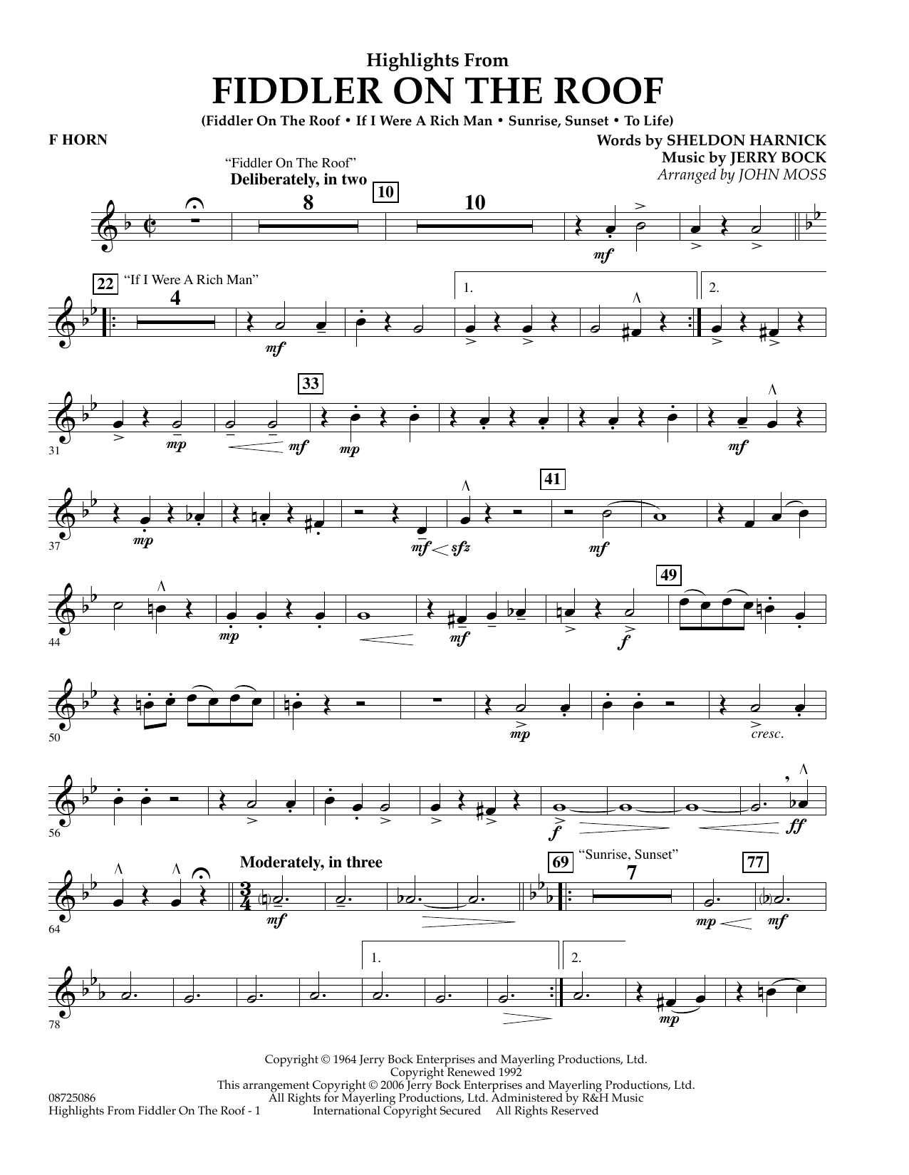 Learn to play John Moss Highlights From Fiddler On The Roof - F Horn sheet music for Concert Band in minutes. John Moss Highlights From Fiddler On The Roof - F Horn sheet music preview music notes and score for Concert Band including 2 page(s)