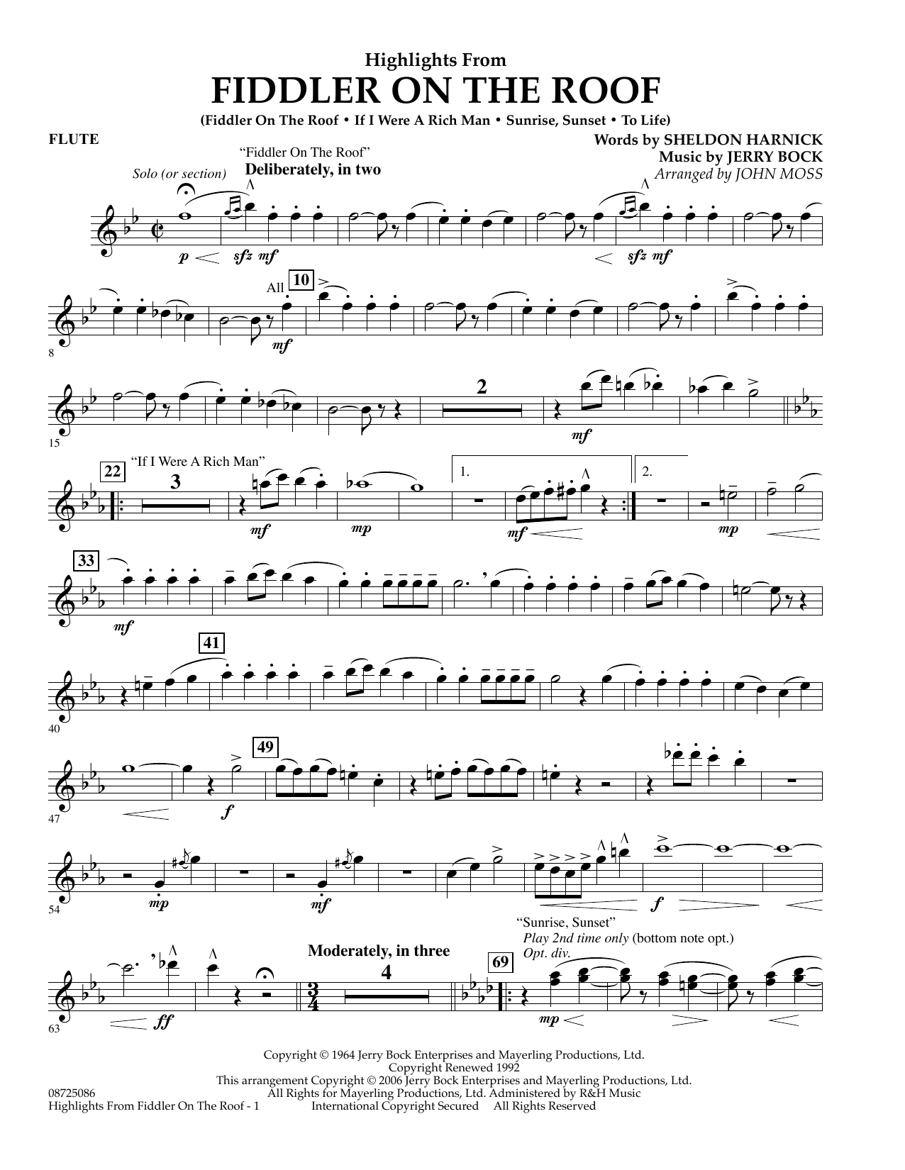 Learn to play John Moss Highlights From Fiddler On The Roof - Flute sheet music for Concert Band in minutes. John Moss Highlights From Fiddler On The Roof - Flute sheet music preview music notes and score for Concert Band including 2 page(s)