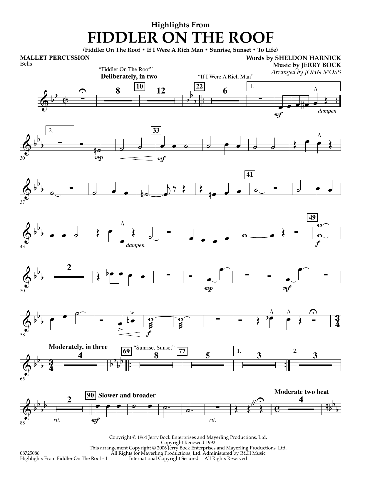 Learn to play John Moss Highlights From Fiddler On The Roof - Mallet Percussion sheet music for Concert Band in minutes. John Moss Highlights From Fiddler On The Roof - Mallet Percussion sheet music preview music notes and score for Concert Band including 2 page(s)