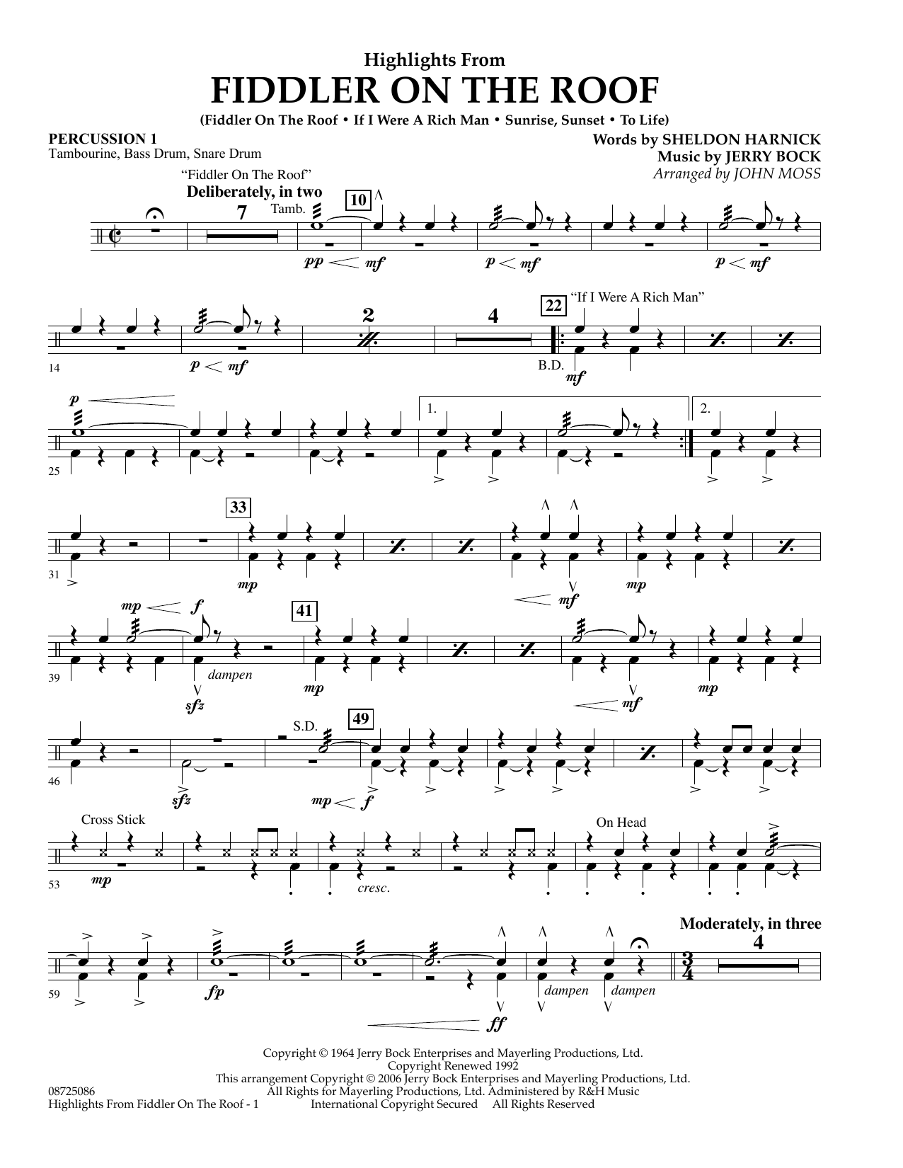 Learn to play John Moss Highlights From Fiddler On The Roof - Percussion 1 sheet music for Concert Band in minutes. John Moss Highlights From Fiddler On The Roof - Percussion 1 sheet music preview music notes and score for Concert Band including 2 page(s)