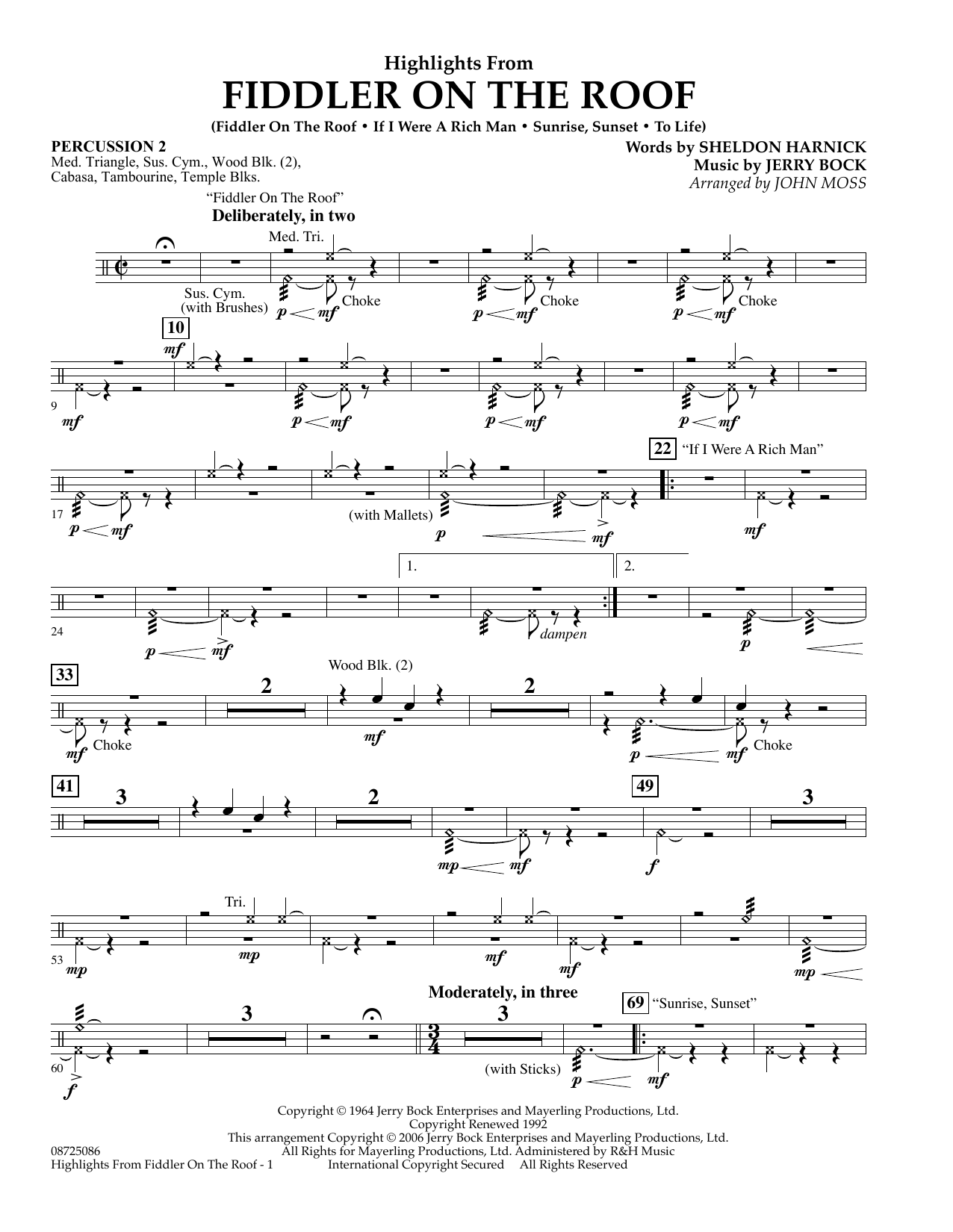Learn to play John Moss Highlights From Fiddler On The Roof - Percussion 2 sheet music for Concert Band in minutes. John Moss Highlights From Fiddler On The Roof - Percussion 2 sheet music preview music notes and score for Concert Band including 2 page(s)