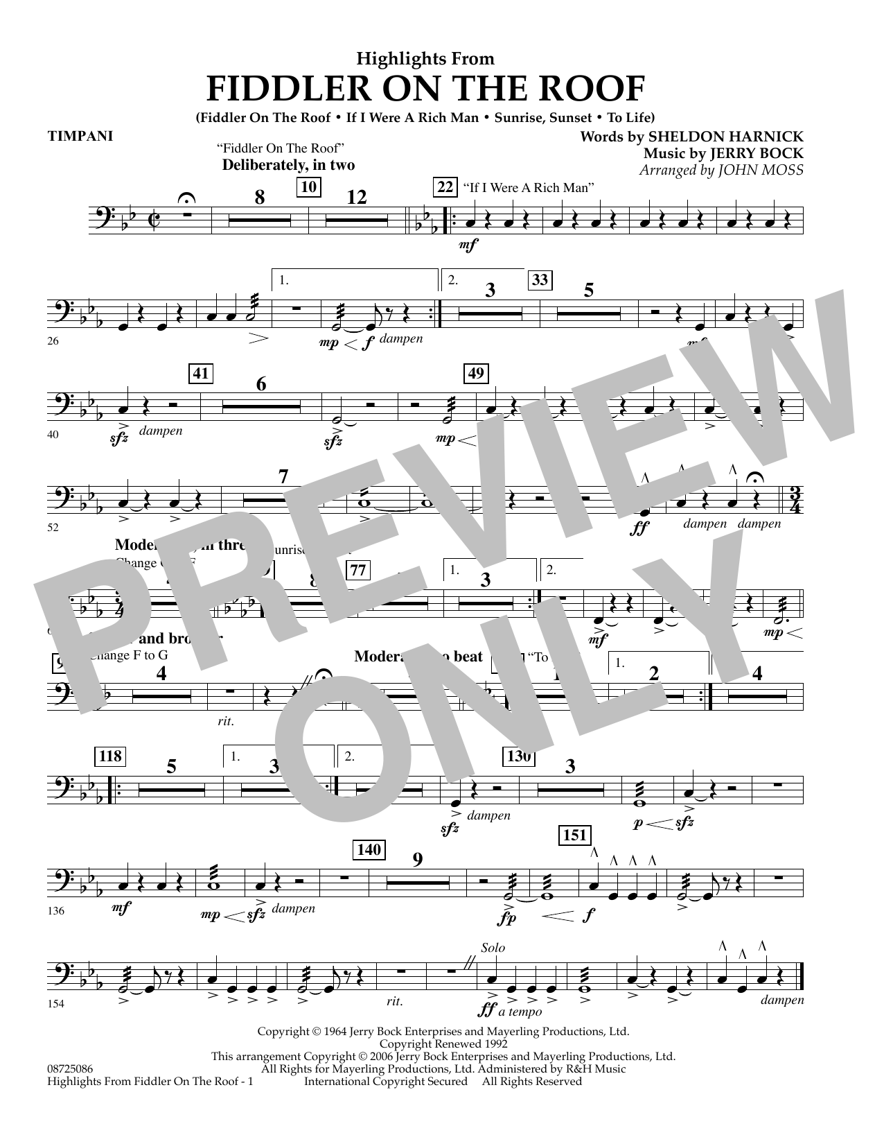 Learn to play John Moss Highlights From Fiddler On The Roof - Timpani sheet music for Concert Band in minutes. John Moss Highlights From Fiddler On The Roof - Timpani sheet music preview music notes and score for Concert Band including 1 page(s)