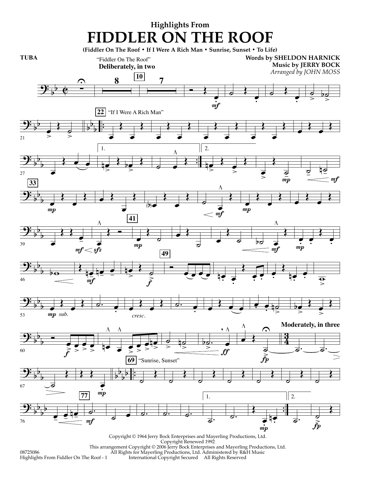 Learn to play John Moss Highlights From Fiddler On The Roof - Tuba sheet music for Concert Band in minutes. John Moss Highlights From Fiddler On The Roof - Tuba sheet music preview music notes and score for Concert Band including 2 page(s)