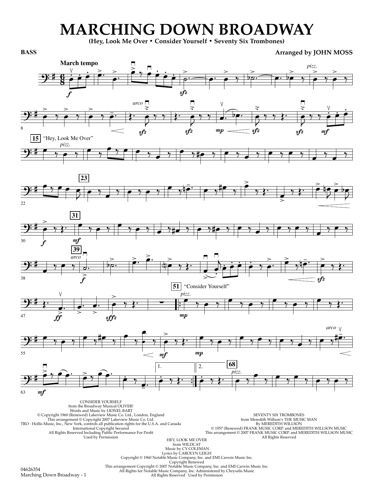 Learn to play John Moss Marching Down Broadway - Bass sheet music for Orchestra in minutes. John Moss Marching Down Broadway - Bass sheet music preview music notes and score for Orchestra including 2 page(s)