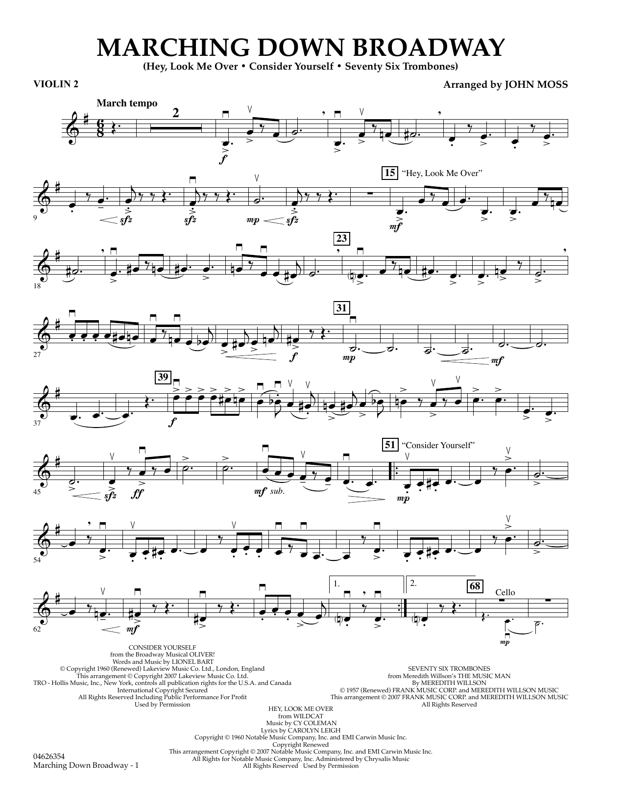 Learn to play John Moss Marching Down Broadway - Violin 2 sheet music for Orchestra in minutes. John Moss Marching Down Broadway - Violin 2 sheet music preview music notes and score for Orchestra including 2 page(s)