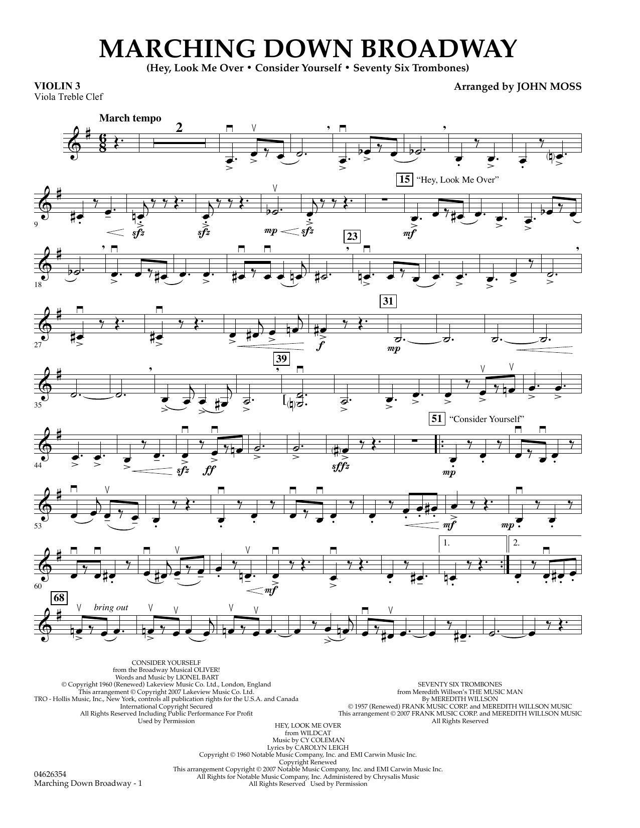 John Moss Marching Down Broadway - Violin 3 (Viola Treble Clef) sheet music preview music notes and score for Orchestra including 2 page(s)
