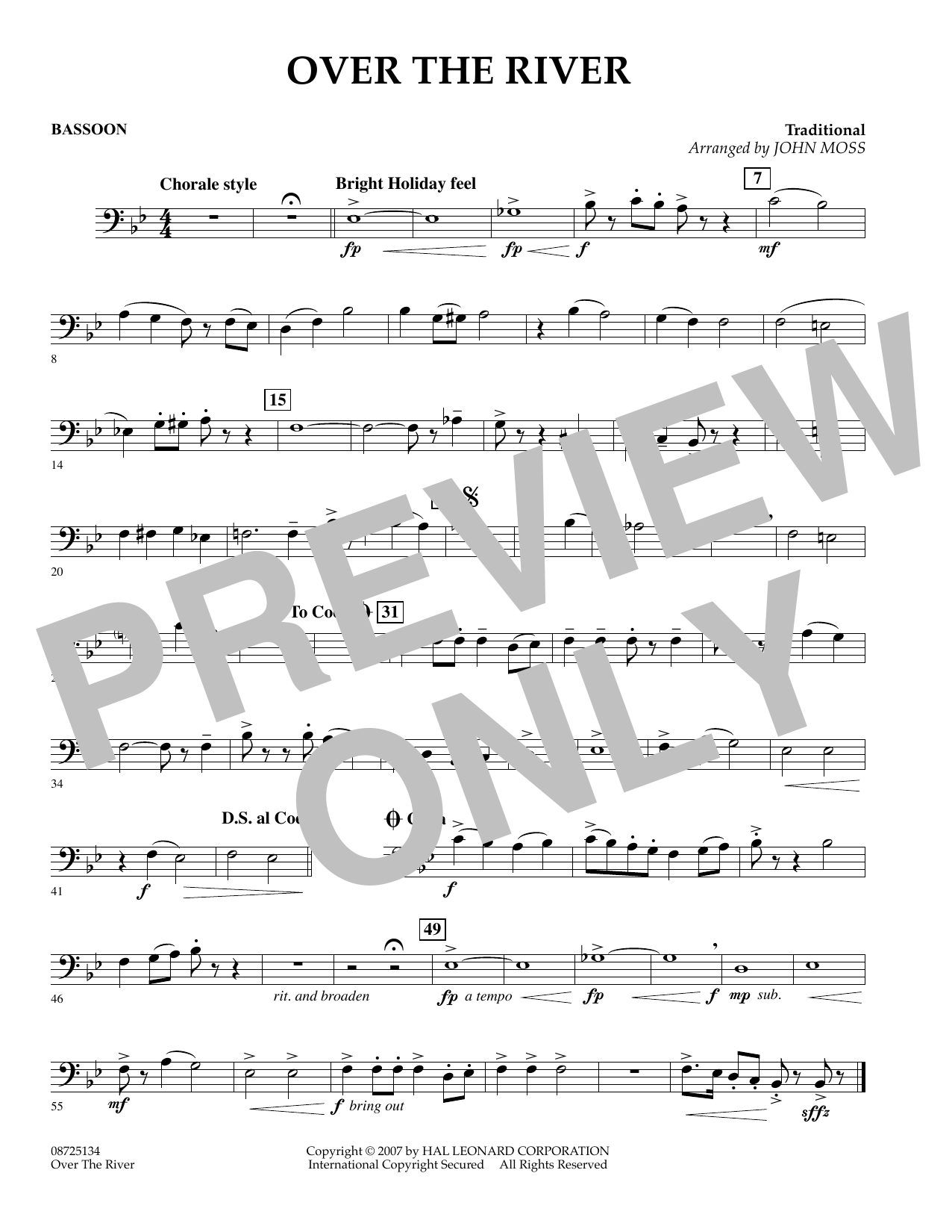 Learn to play John Moss Over the River - Bassoon sheet music for Concert Band in minutes. John Moss Over the River - Bassoon sheet music preview music notes and score for Concert Band including 1 page(s)