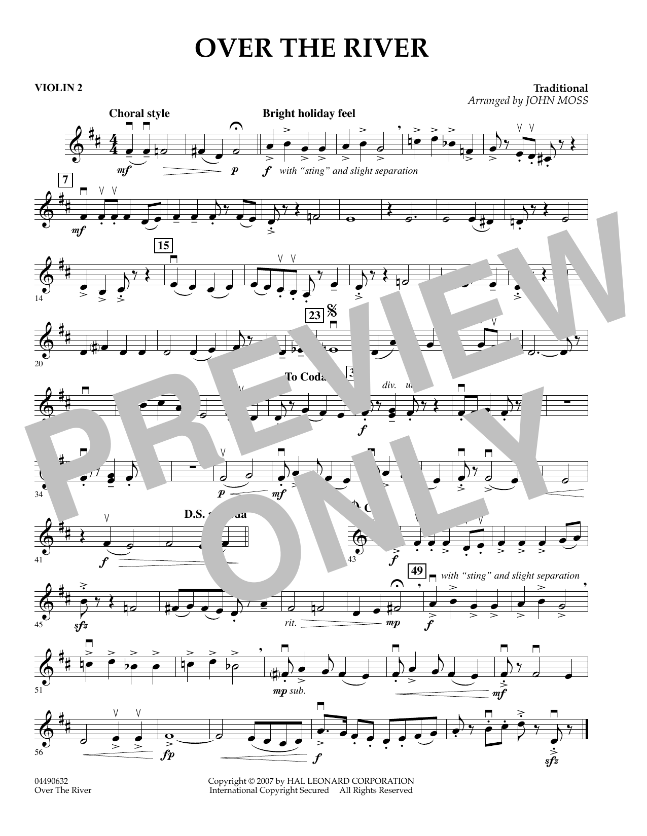 Learn to play John Moss Over The River - Violin 2 sheet music for Orchestra in minutes. John Moss Over The River - Violin 2 sheet music preview music notes and score for Orchestra including 1 page(s)