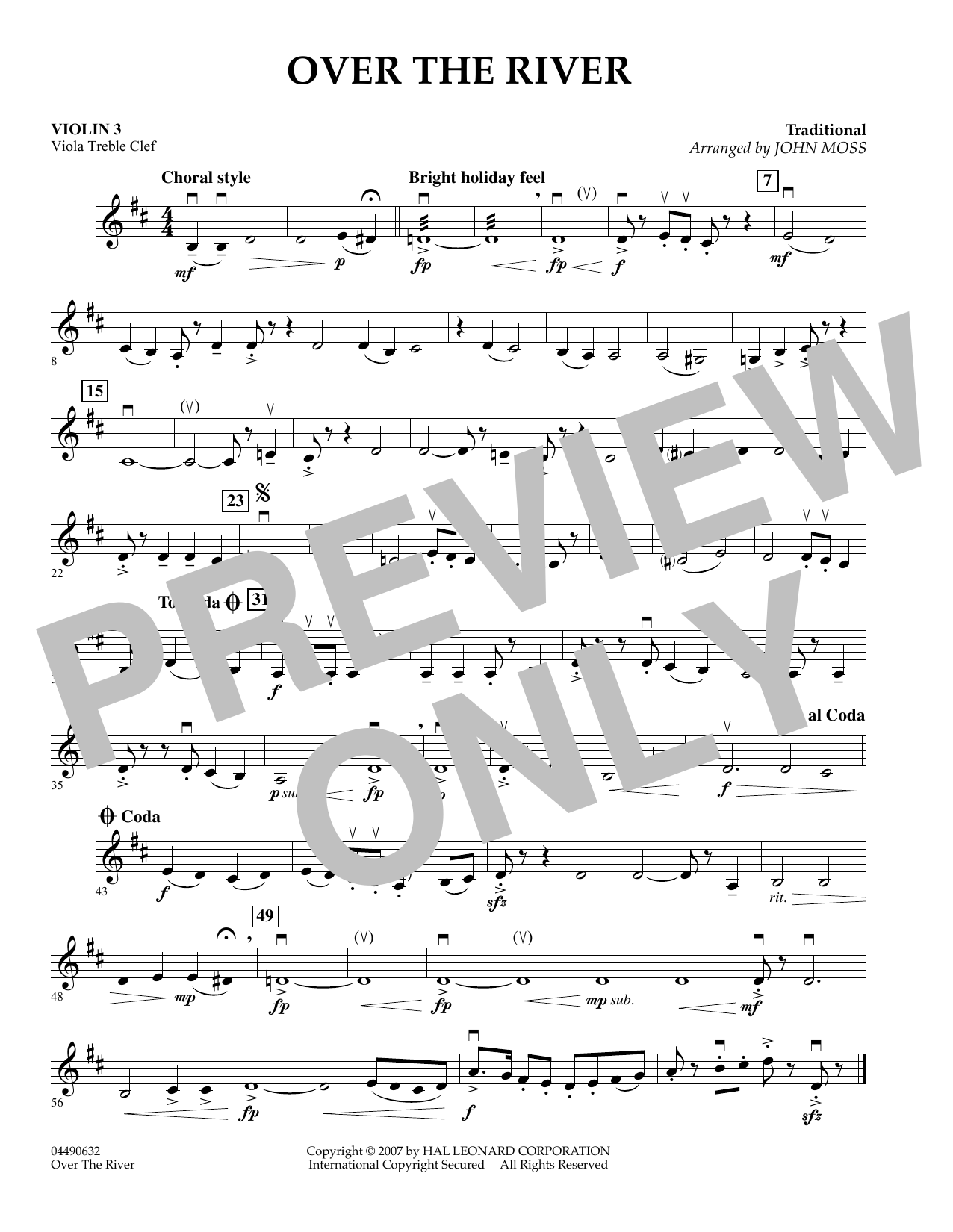John Moss Over The River - Violin 3 (Viola Treble Clef) sheet music preview music notes and score for Orchestra including 1 page(s)