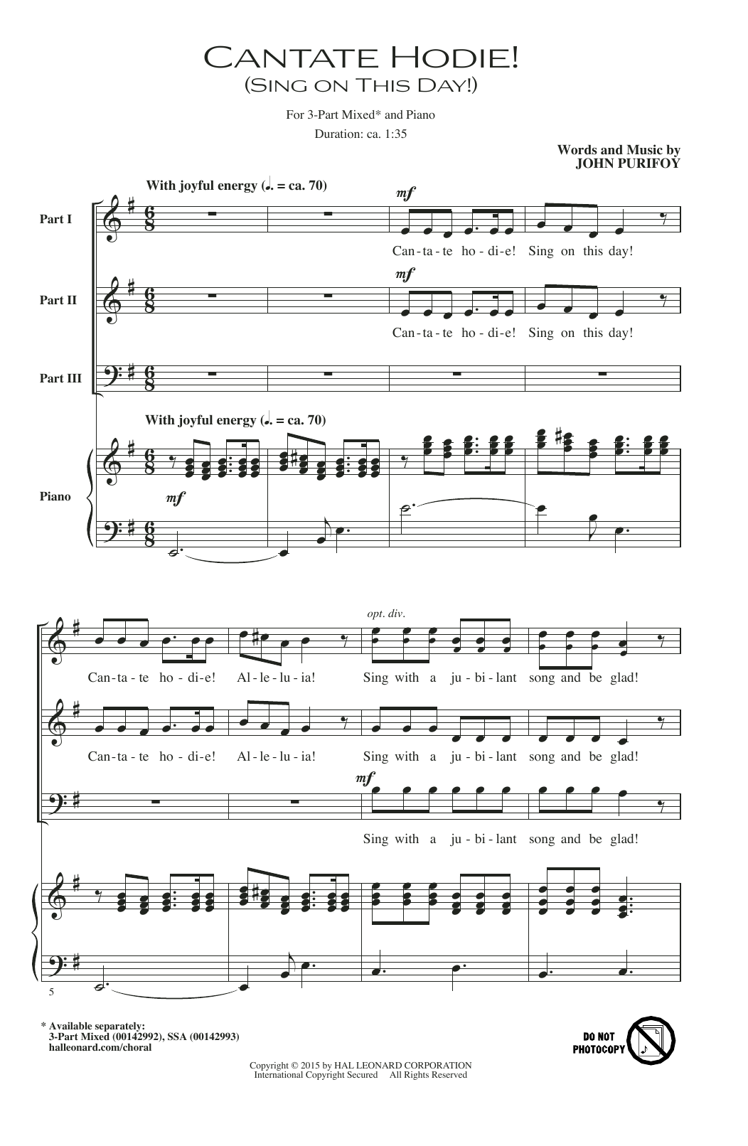 Learn to play John Purifoy Cantate Hodie! (Sing On This Day) sheet music for SSA in minutes. John Purifoy Cantate Hodie! (Sing On This Day) sheet music preview music notes and score for SSA including 7 page(s)