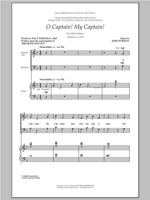 Learn to play John Purifoy O Captain! My Captain! sheet music for SATB in minutes. John Purifoy O Captain! My Captain! sheet music preview music notes and score for SATB including 9 page(s)
