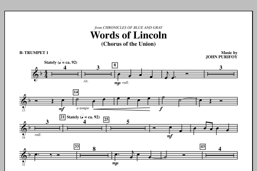 Learn to play John Purifoy Words of Lincoln - Bb Trumpet 1 sheet music for Choir Instrumental Pak in minutes. John Purifoy Words of Lincoln - Bb Trumpet 1 sheet music notes and chords