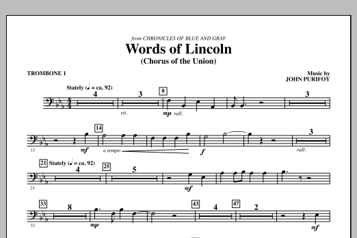 Learn to play John Purifoy Words of Lincoln - Trombone 1 sheet music for Choir Instrumental Pak in minutes. John Purifoy Words of Lincoln - Trombone 1 sheet music notes and chords