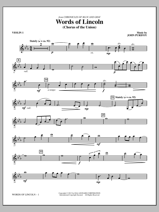 Learn to play John Purifoy Words of Lincoln - Violin 1 sheet music for Choir Instrumental Pak in minutes. John Purifoy Words of Lincoln - Violin 1 sheet music notes and chords
