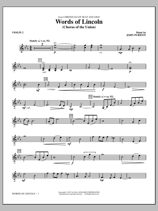 Learn to play John Purifoy Words of Lincoln - Violin 2 sheet music for Choir Instrumental Pak in minutes. John Purifoy Words of Lincoln - Violin 2 sheet music notes and chords