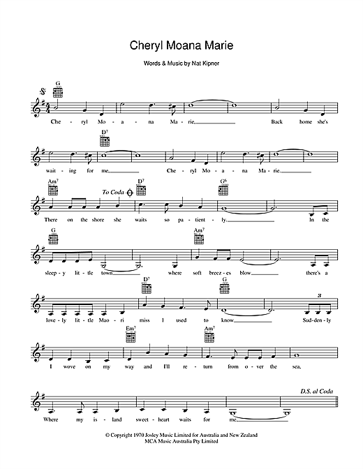 Learn to play John Rowles Cheryl Moana Marie sheet music for Melody Line, Lyrics & Chords in minutes. John Rowles Cheryl Moana Marie sheet music preview music notes and score for Melody Line, Lyrics & Chords including 2 page(s)