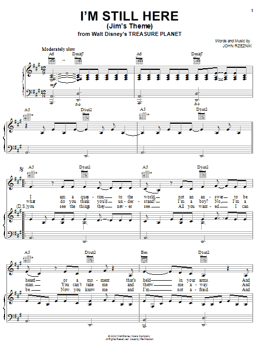Learn to play John Rzeznik I'm Still Here (Jim's Theme) sheet music for Piano, Vocal & Guitar (Right-Hand Melody) in minutes. John Rzeznik I'm Still Here (Jim's Theme) sheet music preview music notes and score for Piano, Vocal & Guitar (Right-Hand Melody) including 7 page(s)