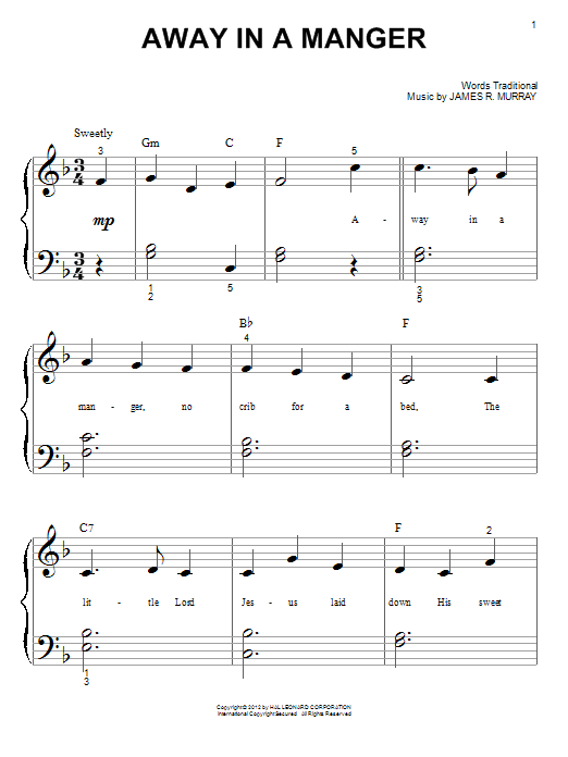 Learn to play John T. McFarland Away In A Manger sheet music for Piano (Big Notes) in minutes. John T. McFarland Away In A Manger sheet music preview music notes and score for Piano (Big Notes) including 3 page(s)
