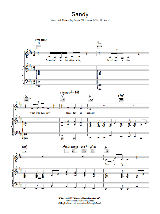 Learn to play John Travolta Sandy (from Grease) sheet music for Piano, Vocal & Guitar in minutes. John Travolta Sandy (from Grease) sheet music preview music notes and score for Piano, Vocal & Guitar including 4 page(s)