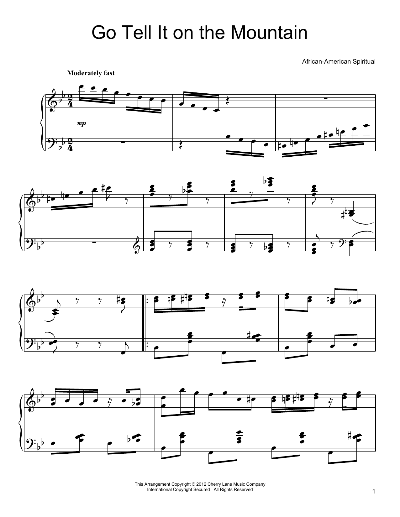 Learn to play African-American Spiritual Go Tell It On The Mountain sheet music for Piano in minutes. African-American Spiritual Go Tell It On The Mountain sheet music preview music notes and score for Piano including 3 page(s)