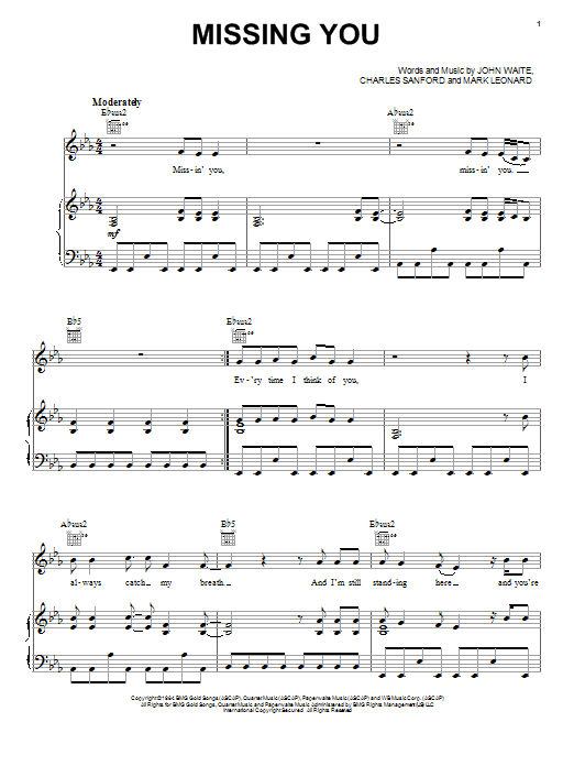 Learn to play John Waite Missing You sheet music for Piano, Vocal & Guitar (Right-Hand Melody) in minutes. John Waite Missing You sheet music notes and chords