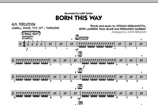 John Wasson Born This Way - Aux Percussion sheet music preview music notes and score for Jazz Ensemble including 1 page(s)