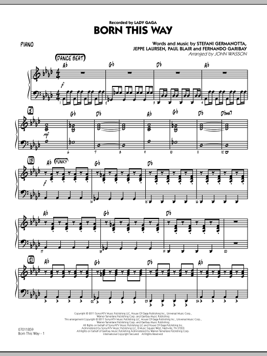 Learn to play John Wasson Born This Way - Piano sheet music for Jazz Ensemble in minutes. John Wasson Born This Way - Piano sheet music preview music notes and score for Jazz Ensemble including 3 page(s)